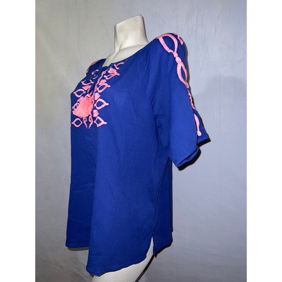 New Talbots Top Womens Size L Blue Pink Embroidered Cotton Tassel Peasant Blouse - Picture 4 of 8